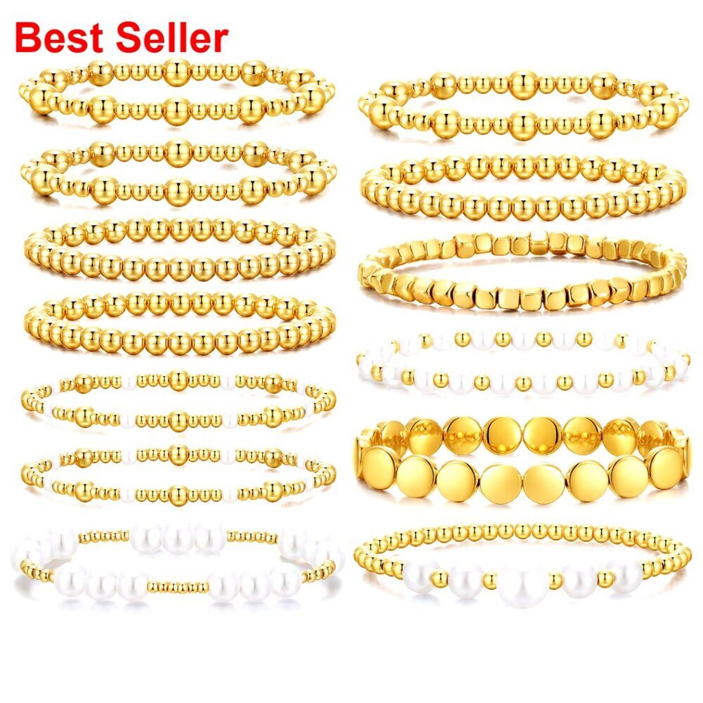 Copper-Coated Base Metal Stretch Bracelet Set with Pearl Beads